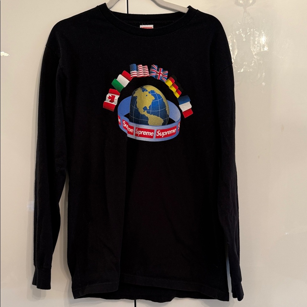 Supreme Black Long Sleeve Globe Flag Graphic Tee